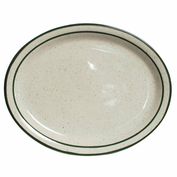 Tuxton China Emerald 9.5 in. x 7.5 in. Narrow Rim with Green Speckle Oval Platter - American White - 2 Dozen TES-012